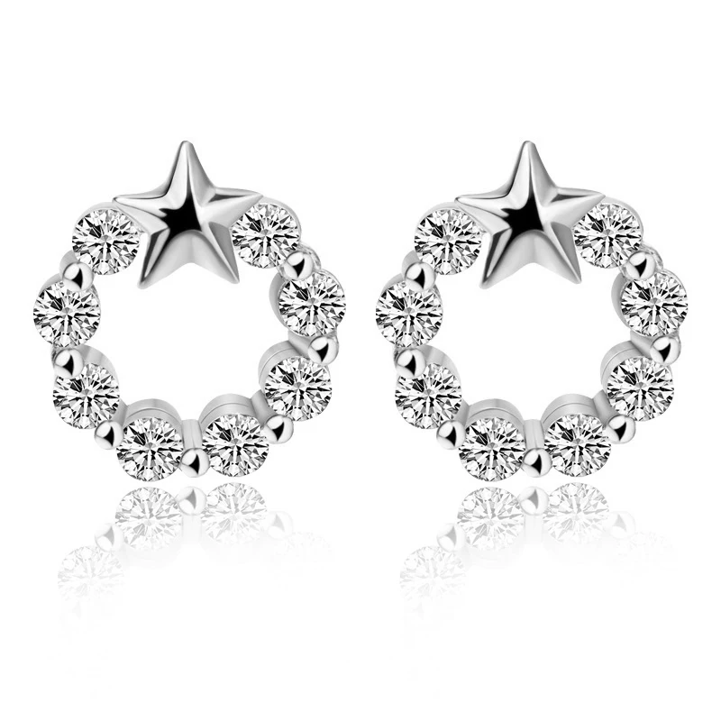

EW68 Fashion round CZ star shape white gold plated silver stud earrings jewelry