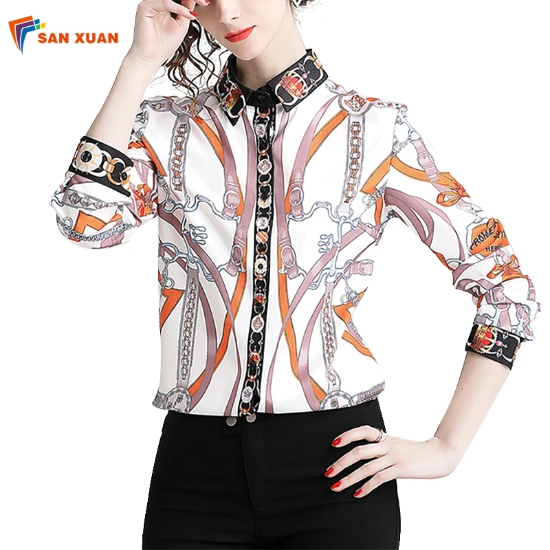 

Latest wholesale OEM ODM custom casual slim turn down collar long sleeve printed ready made formal summer blouse for women, Picture color