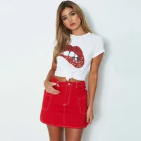 

The new 2019 Europe and the United States cross-border Sequined red lip Short sleeve T-shirt Women's clothing