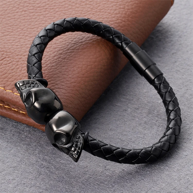 

Wholesale Stainless Steel Punk Skulls Beads Charm Men Leather Bracelet