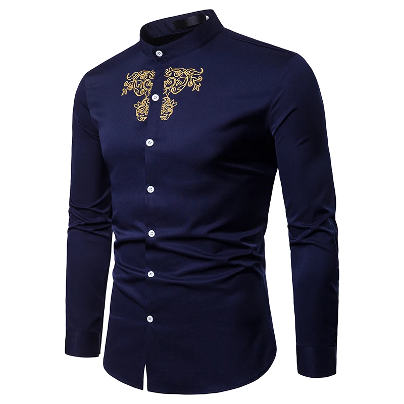 

2018 new casual mens long sleeve dobby embroidered navy shirts
