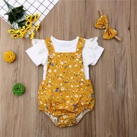 

Wholesale summer latest girls outfit cotton lace sleeve romper + Floral shorts + hairband 3pcs newborn baby girls clothing set