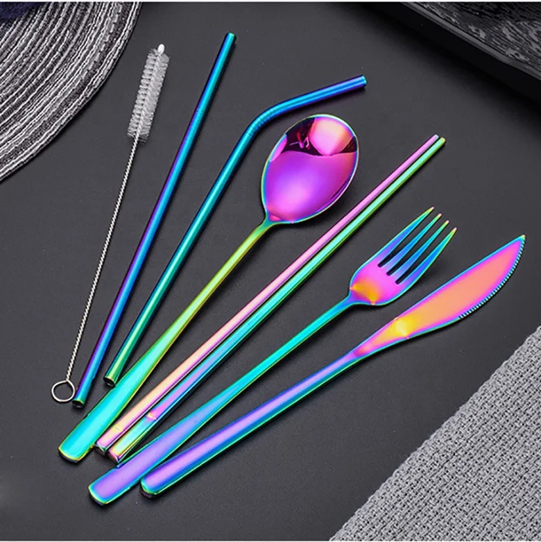 

Travel Camping Utensils 8-Piece Portable Stainless Steel Cutlery Set, Mirror Polished Flatware Set Include Knife spoon fork, Customized