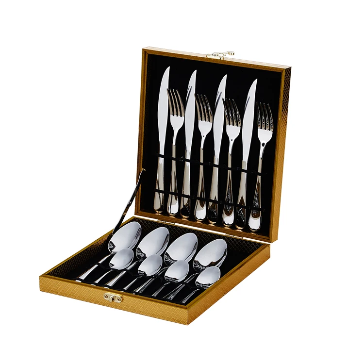 

Wooden box set serve for 4 people, spoon fork and knife Stainless steel 16pcs cutlery set, Silver