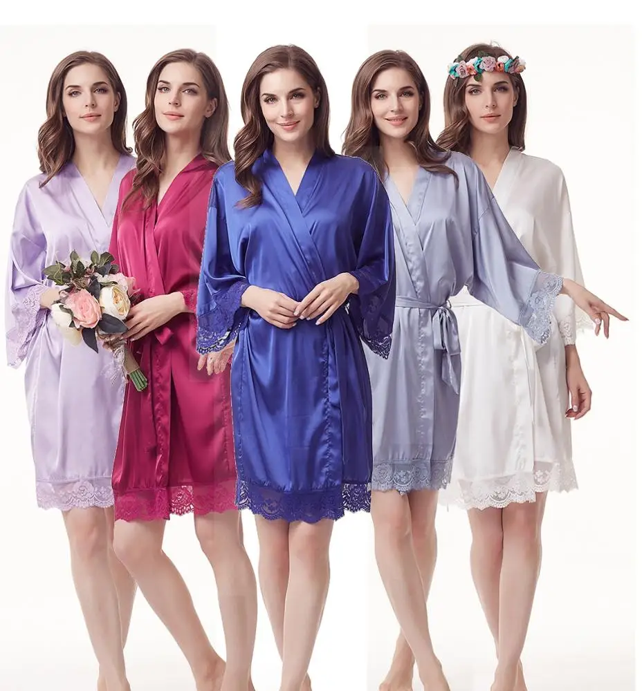 

Lace trim solid colors satin bridesmaid robe