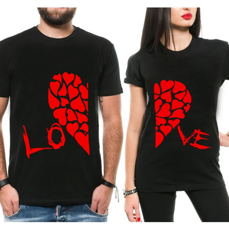 Good Quality Half Red Heart Love Printing OEM Service Custom Couple Clothing Family Matching T Shirt Fashion O-neck Tees