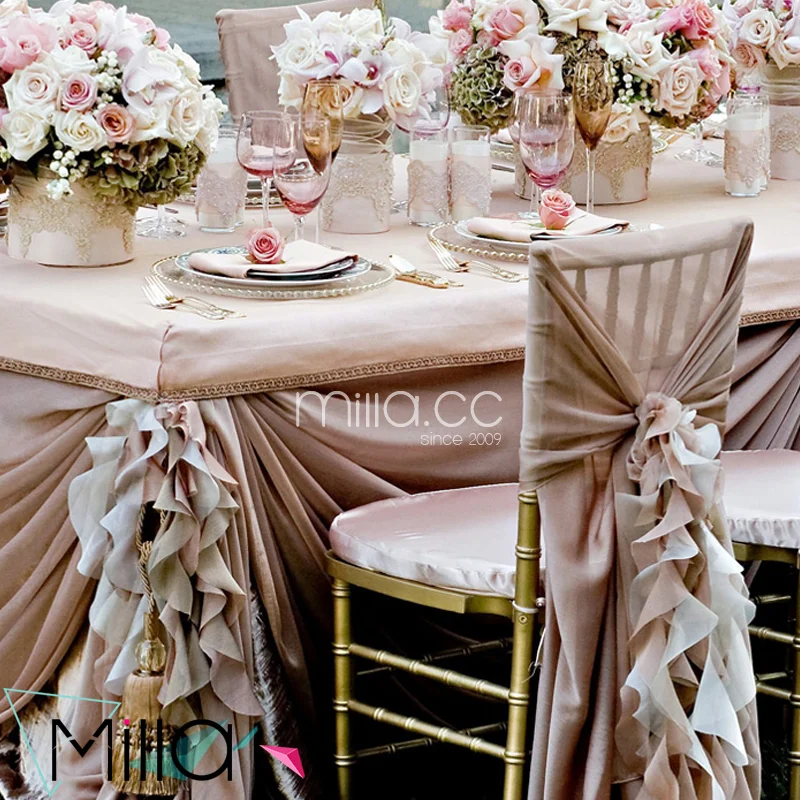 
Hot sale wholesale blush chiffon ruffled wedding chair cover sash hood 