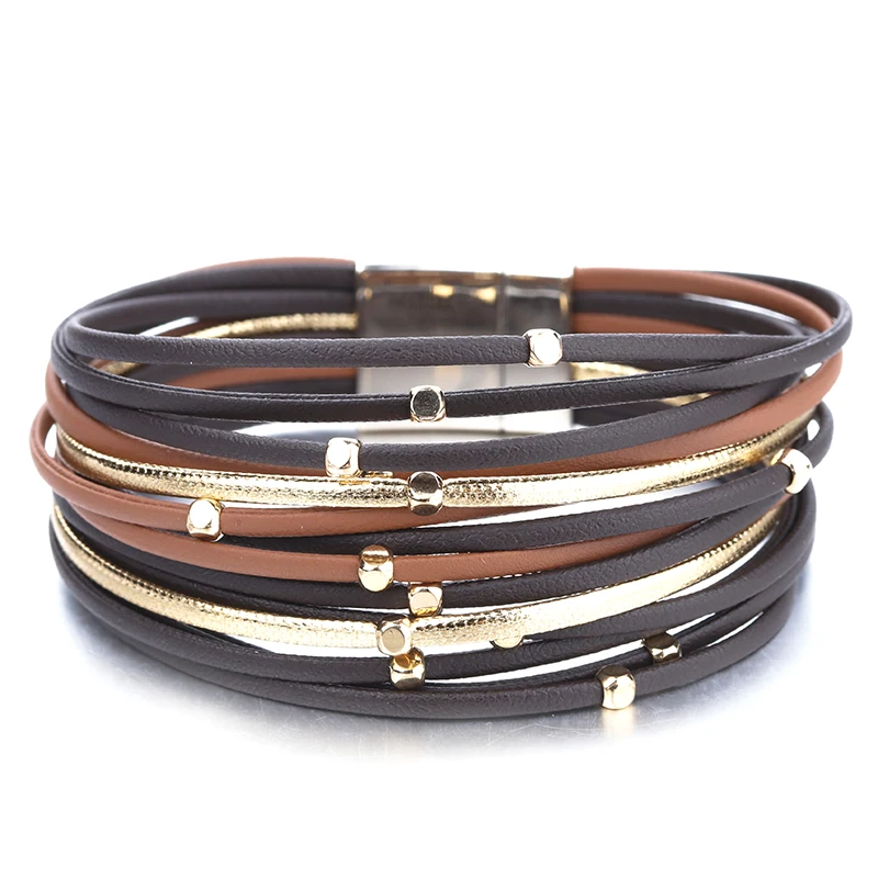 

Metal Beads Genuine Leather Bracelets For Women 2020 Fashion Slim Strips Boho Multilayer Wide Wrap Bracelet Femme Jewelry