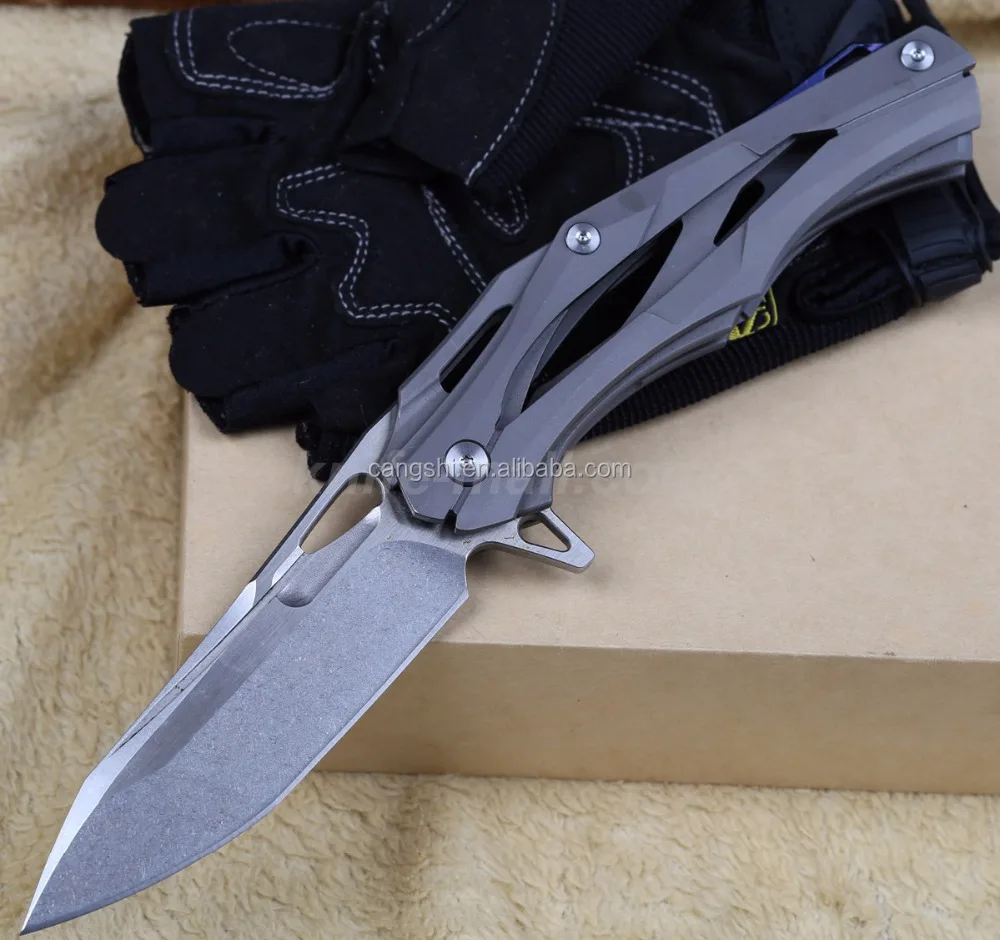 

Folding tactical knife titanium handle d2 blade camping Knife