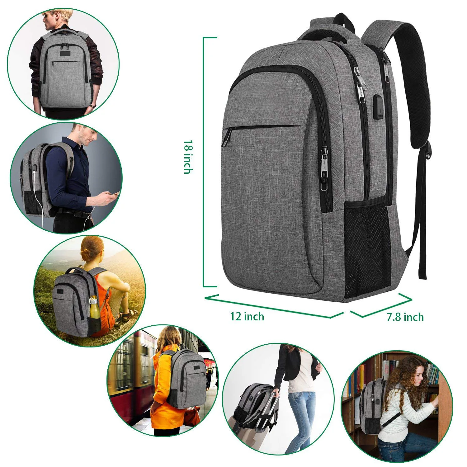 Daypack Water-repellent Computer Backpack Bag With Usb Charging Port ...