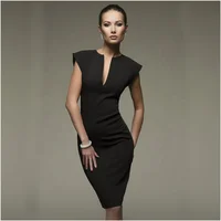 

New 2019 Women Pencil Formal Dress Black Sleeveless Bandage Office Dress