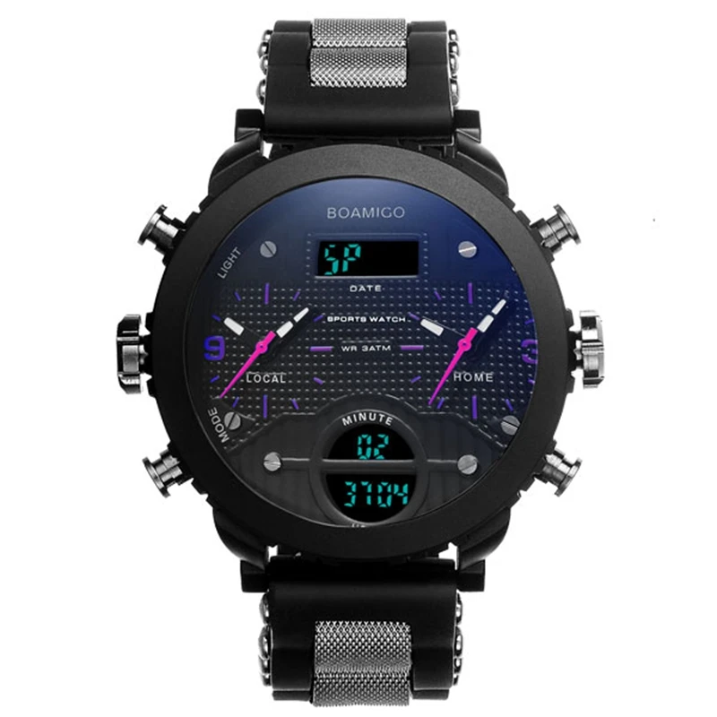 

Mens Military Heavy Dial Dual Time Analog Led Clock Waterproof Luxury Brand Boamigo Digital Quartz Sport Watch Relojes Hombre
