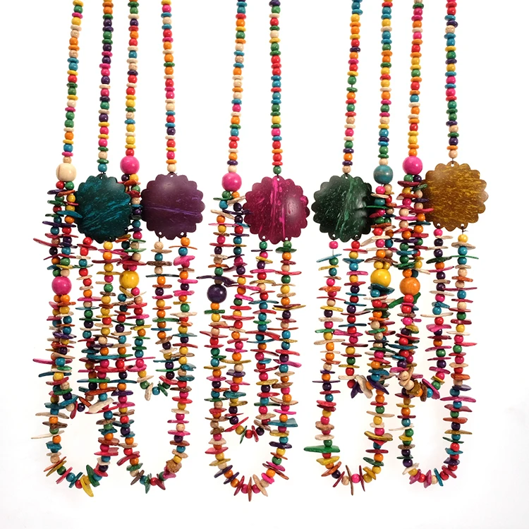 

Wholesale Multi Color Coconut Shell Bohemian Necklace for Women Knit Handmade Wood Beads Ethnic Long Multilayered Charm Necklace