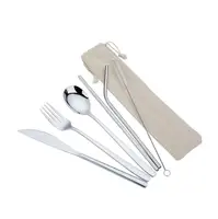 

6 pcs camping travel flatware set reusable utensils portable 304 stainless steel straw cutlery set