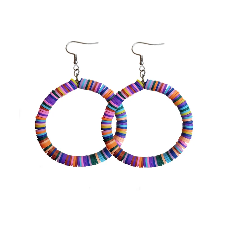 

Fashion 2019 Bohemian Multi-Colored Rainbow Polymer Clay Heishi Beaded Sequin Hoop Earrings