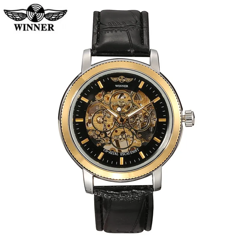 

top famous brand men wristwatch automatic mechanical watch analog display army leather strap women fashion skeleton winner watch