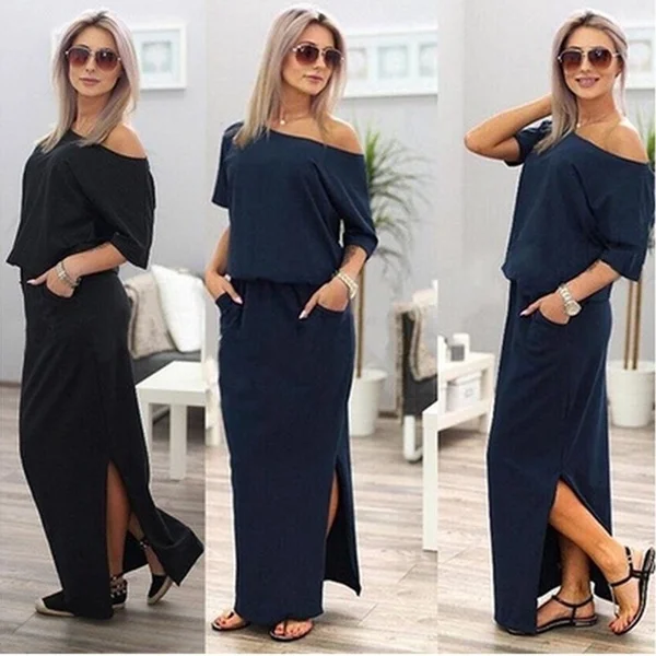 

Ecoparty Sexy Women Boho Maxi Dress Short Sleeve Side Slit Loose Evening Party Long Beach Dress