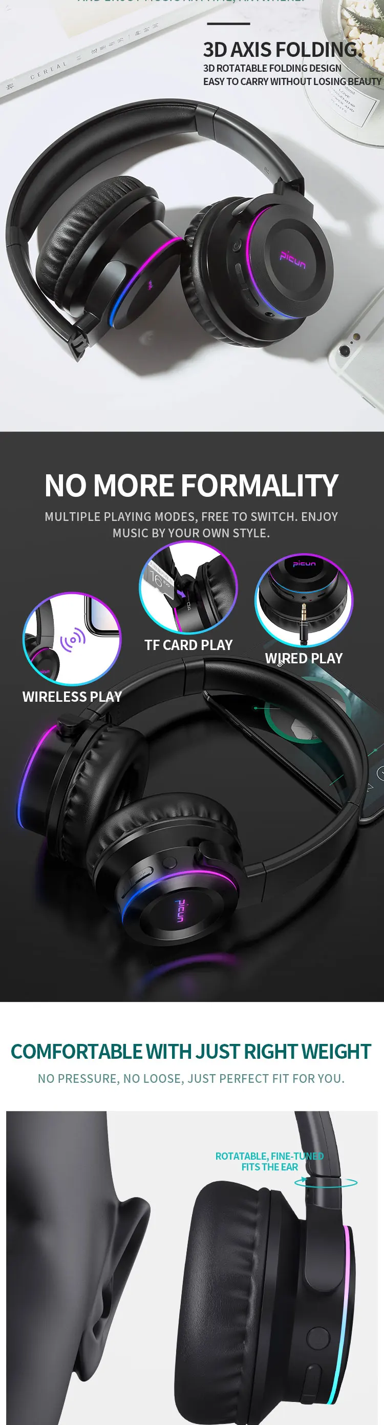 Picun B9 Foldable Rgb Touch Control Wireless 5.0 Bluetooth Stereo Headphone - Buy Headphones Stereo,Stereo Stereo Product on Alibaba.com