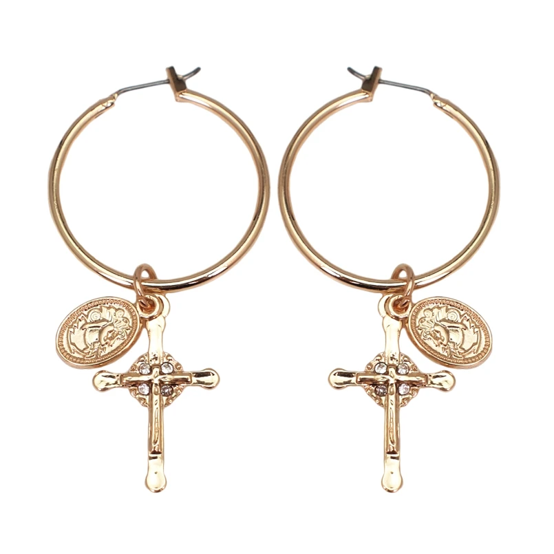 

Brand Rhinestone Cross Hoop Earrings For Women Religious Accessories Vintage Earring Antique Metal Ethnic Jewelry, Gold