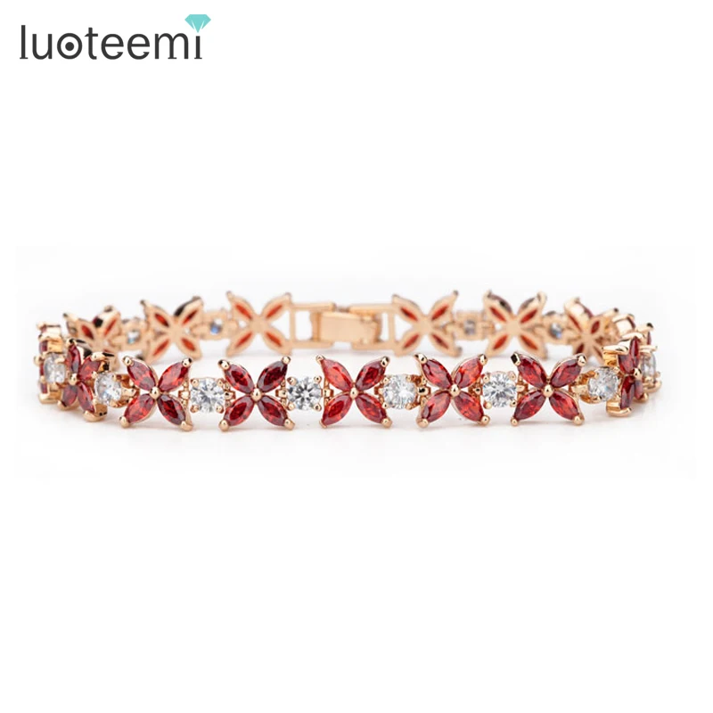 

LUOTEEMI 2colors Luxury Jewelry Red Cubic Zirconia Stone Lucky Clover Women Bracelets & Bangles