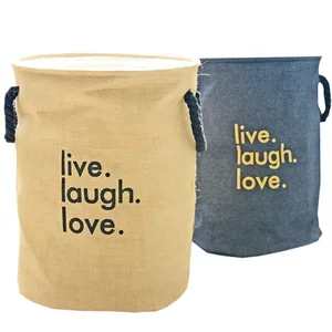 Canvas Fabric Laundry Bucket Storage Basket With Twist Cotton Round Handle Rope