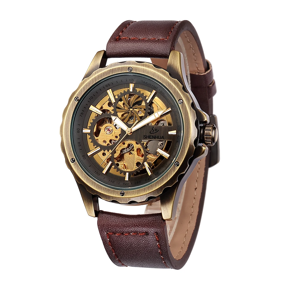 

OEM Genuine Leather Strap Men Automatic Skeleton Watch Shenhua Luxury Mechanical Watch