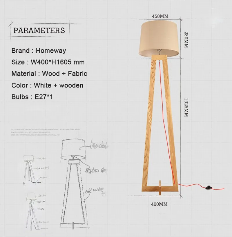 Modern Wood Floor Standing Lamps Fabric Lampshade Cord Wooden