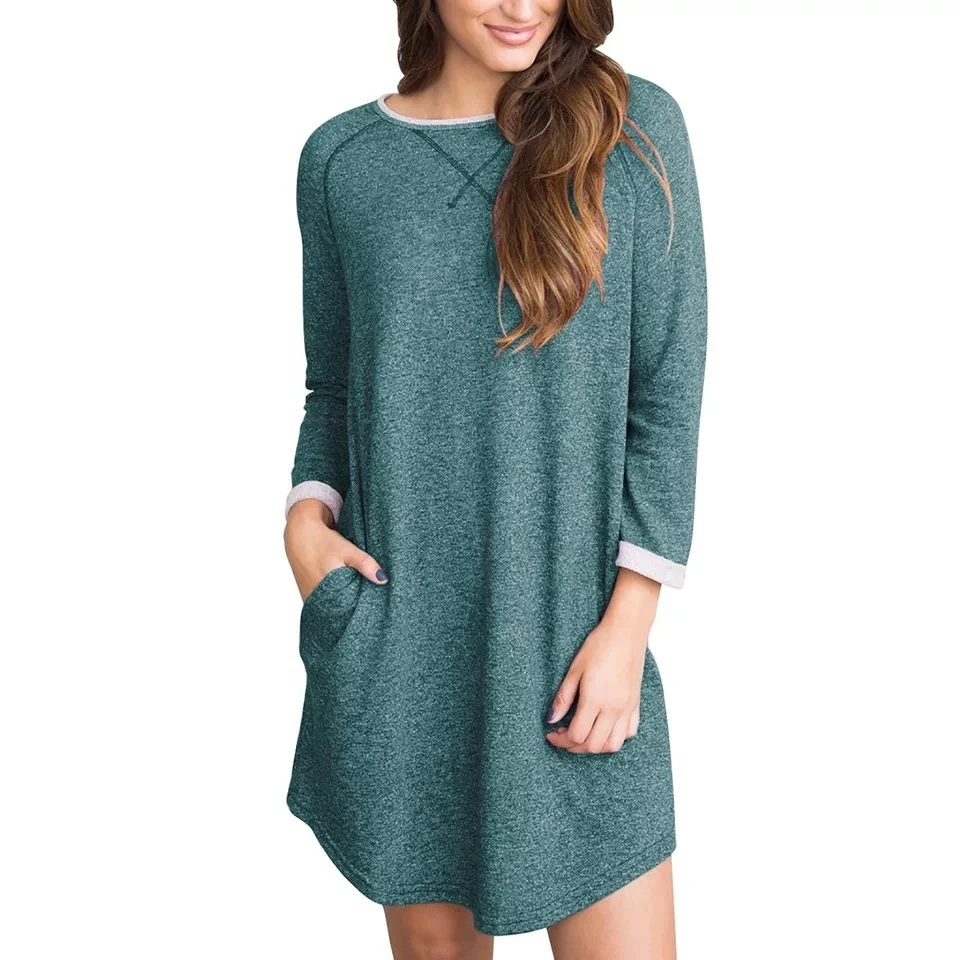 

E56 New Arrival 2018 Casual Loose Dress Women Solid Pocket Dresses Long Sleeve Autumn 2XL Big Size Women Stretch Mini Dress O-Ne, N/a