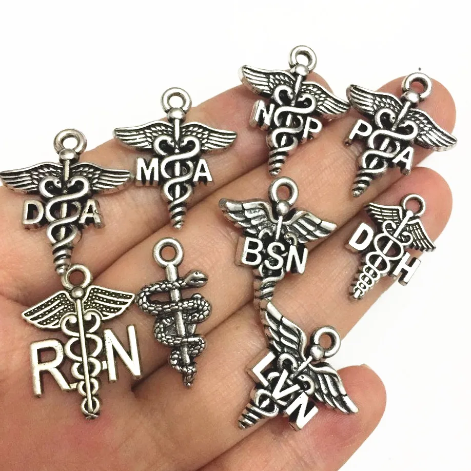 

Mixed 90pcs Antique Silver Plated Medical Caduceus NP DA MA NP PA RN BSN DH LVN Nurse Doctor Themed Collection Charms