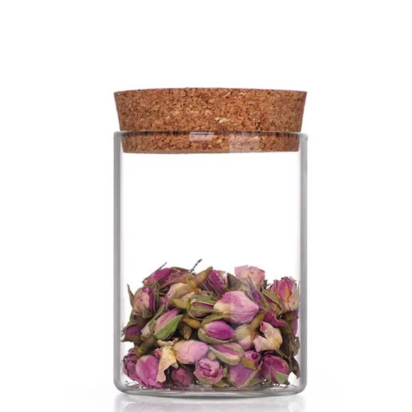 

hot sale food grade heat resistant cylinder borosilicate glass storage jar with cork lid, Clear