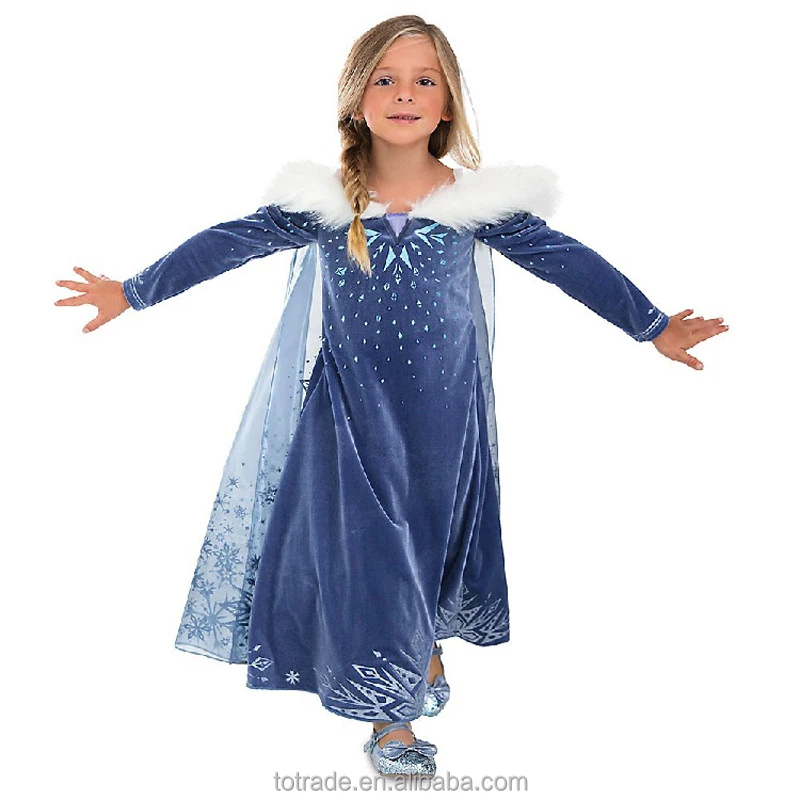 

2018 New Frozen Dress Printed Dresses Winter Long Sleeve Coat Princess Party Full Dress Performance Skirt, Blue