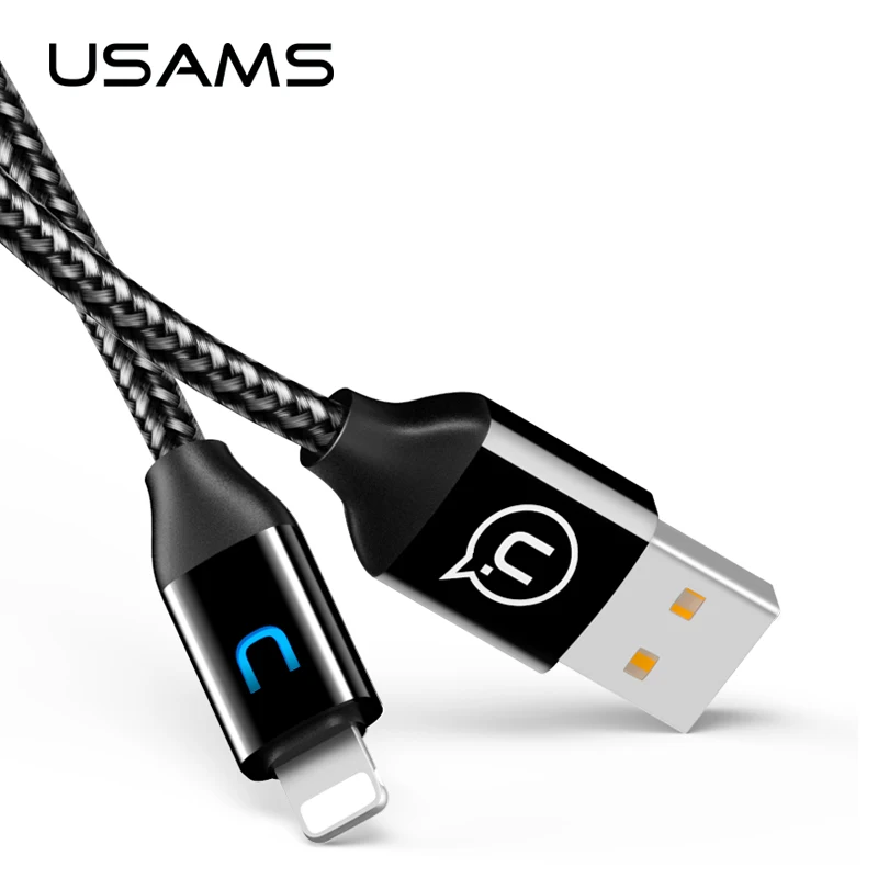 

USAMS SJ181 2A Nylon Braided Breathing Light LED USB Charging Cable for iphone Data 8pin Charger Cable, Black/silver/blue/red