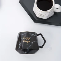 

New design diamond shape black coffee cups marble ceramic mugs with golden logo