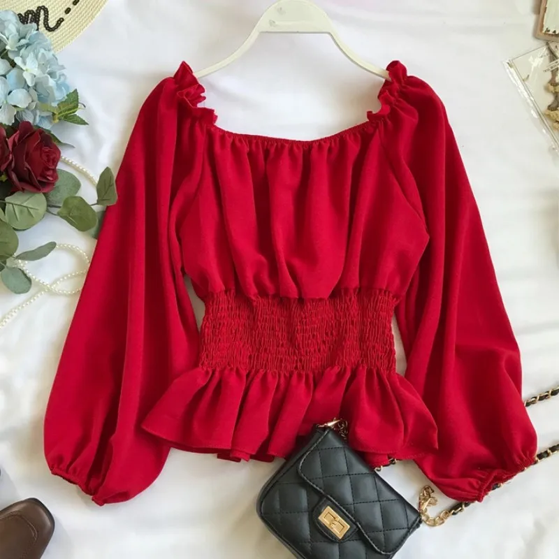 

5 Color Women Blouses Elasticity Slash Neck Long Sleeve Tops Shirt Office Lady Wear To Work Casual Elegant Sexy Crop Top E10399