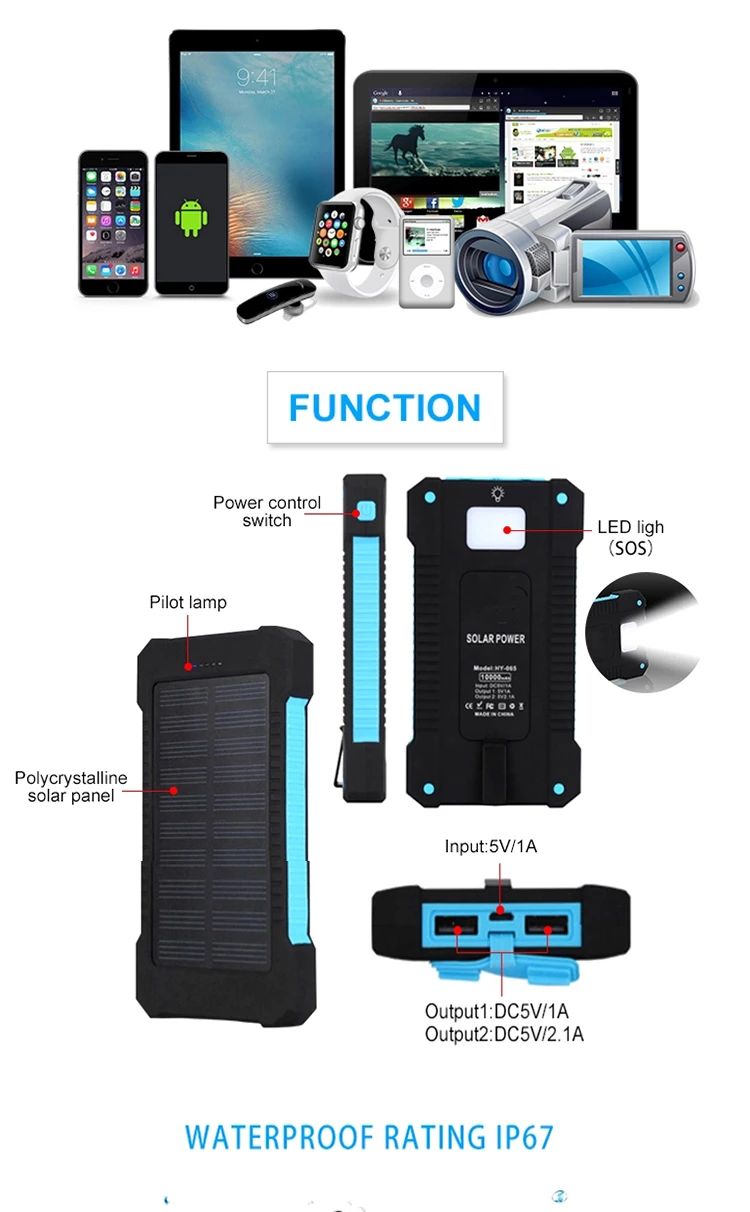 Solar Power Bank Dual USB Power Bank 20000mAh Waterproof Battery Charger External Portable Solar Panel with LED Light