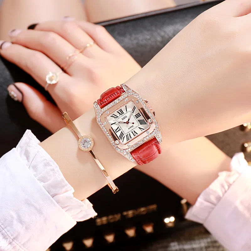 

Fashion ladies Leather watch simple Roman numeral water Crystal women square watch wholesale