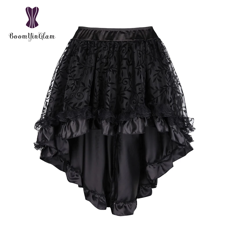 

Women Vintage Steam Punk Skirt Slip Underskirt Midi Maxi Long Floral Lace Victorian Steampunk Gothic Skirts, Black,brown