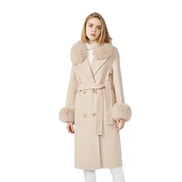 

Fashion Winter Clothes Overcoat Real Fox Fur Trimmed Women Jacket Long Double Breast Wool Wrap Trench Coat Woman