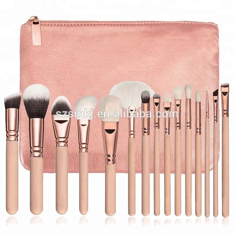 

Customized 15pcs Rose Gold Pink Makeup Brushes Set private label Vegan Make Up Tools Powder Foundation Eyes Brush with bag