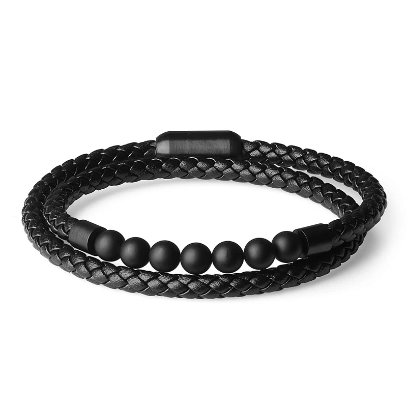 Fashion stainless steel magnet buckle genuine leather agate double layer bead bracelet