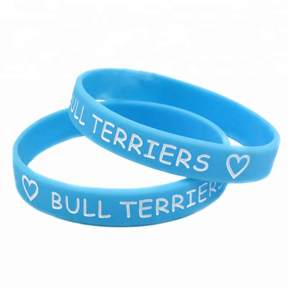 

50PCS Debossed Love Bull Terriers Silicone Wristband for Promotional Gift, Pink, blue, green and red