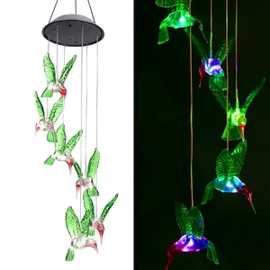 Image of Outdoor Solar Powered Decoration Hanging Garden LED Color changing solar hummingbird wind chime lights for window