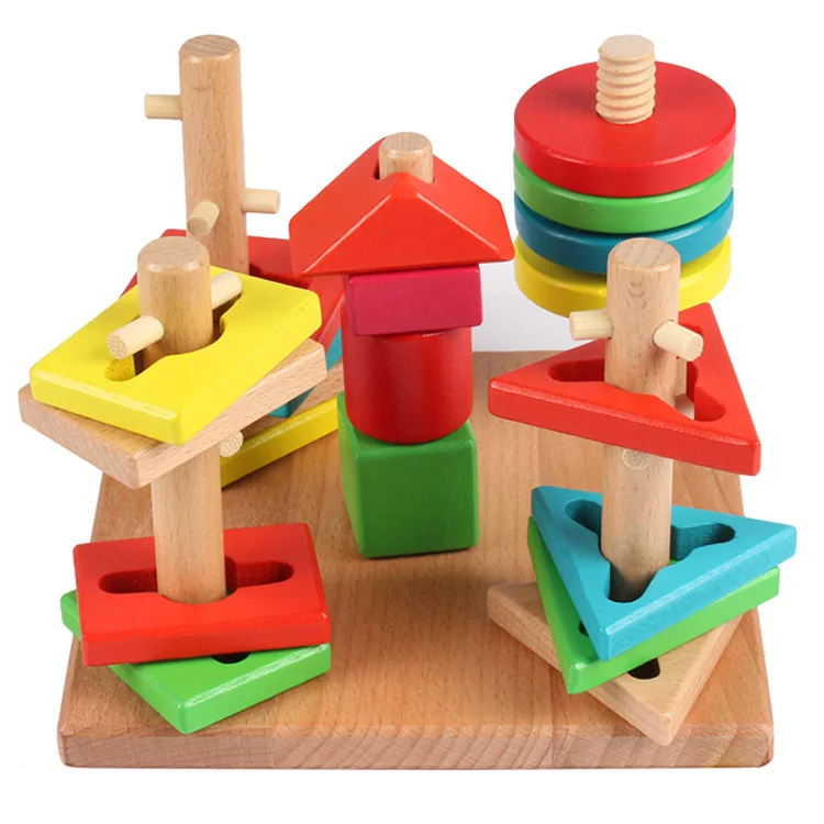 Wooden Column Shapes Stacking Toys Geometric Sorting Board Blocks Game ...