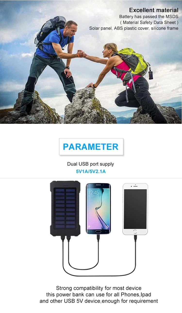 Solar Power Bank Dual USB Power Bank 20000mAh Waterproof Battery Charger External Portable Solar Panel with LED Light
