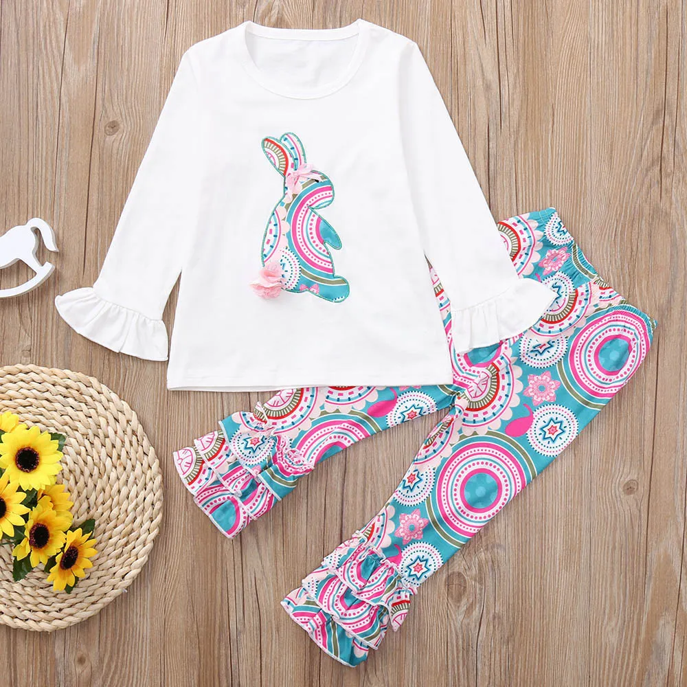 

AL-018 2019 Super Cute easter rabbit embroider pattern ruffle pants outfits baby girls boutique clothing instock wholesale, Picture color