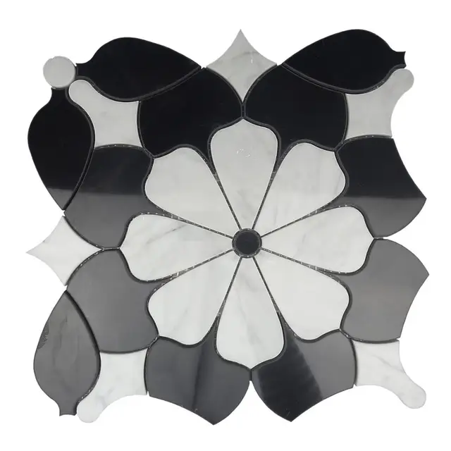 Desain Waterjet Pola Bunga Matahari Mosaik Mosaik Hitam Dan Putih