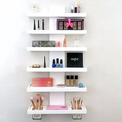 

Wooden Wall Mounted Makeup Organizer Tiered Shelf Cosmetic Display, Natural