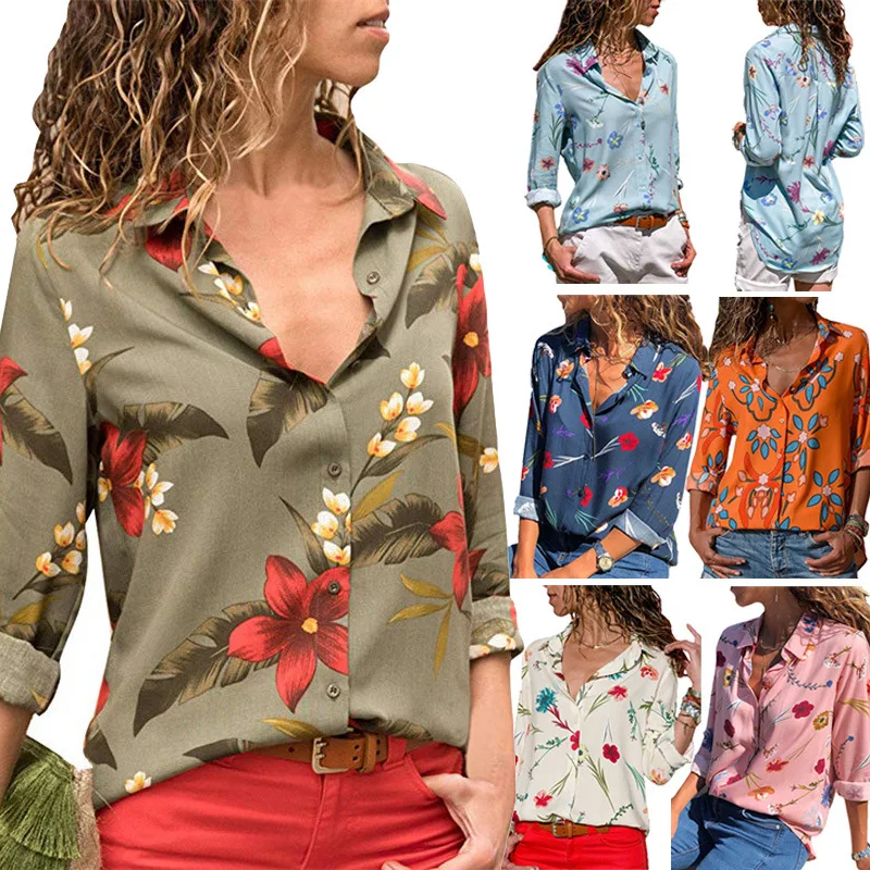 

Autumn Shirts Print Flower Chiffon Blouse Plus Size Patchwork Turn Down Collar Long-Sleeved Ladies Tops Office Blusas Mujer, As show