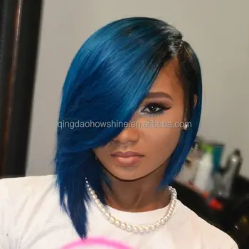 Fast Delivery Ombre Blue Human Hair Short Bob Side Part Lace Front