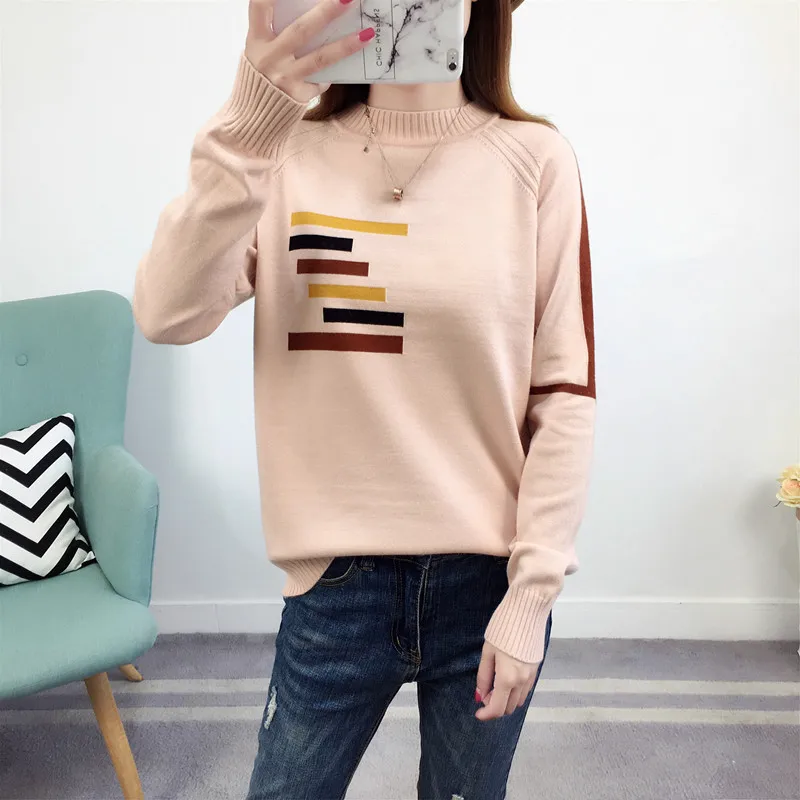 2019 NEW ARRIVAL korean style crew neck patchwork print stripe woman sweater
